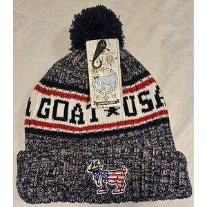 NWT Goat USA Beanie Grey White Navy Pom Pom Fleece Lined Chuck The Goat